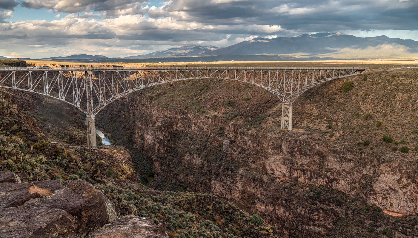 The famous Rio Grande Gorge Bridge is known as the "High Bridge" and is 10 miles from Taos. 